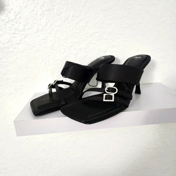 Zara Women's New, Heeled Black Mule Sandals With Rhinestone Buckles.  Size US 8 - Picture 3 of 11